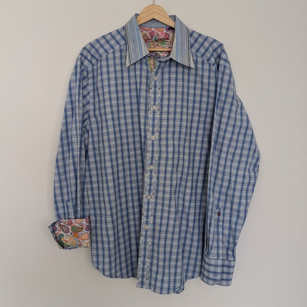Robert Graham Men's Blue Plaid Western Long Sleeve Shirt sz XL